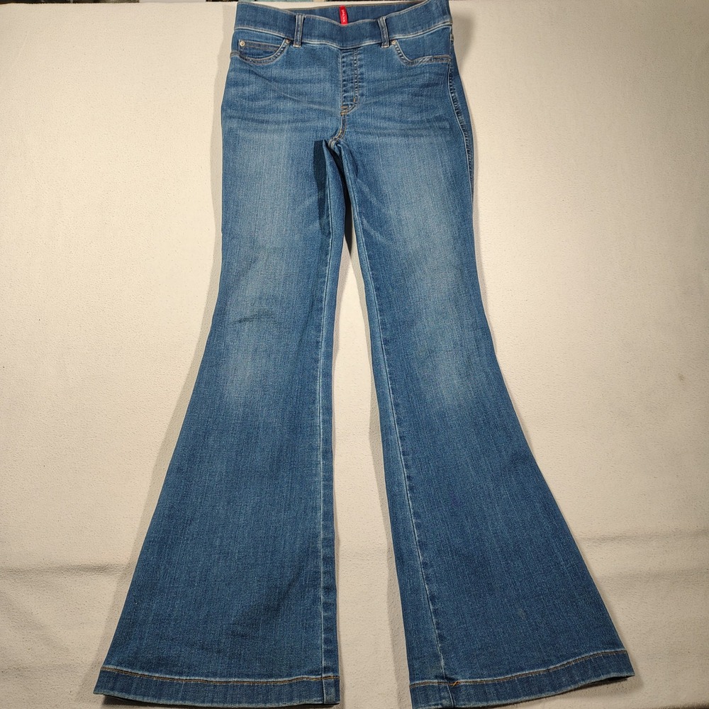Spanx Jeans Women Medium Blue Flare Denim Pull On Shaping 20456R Boho Retro